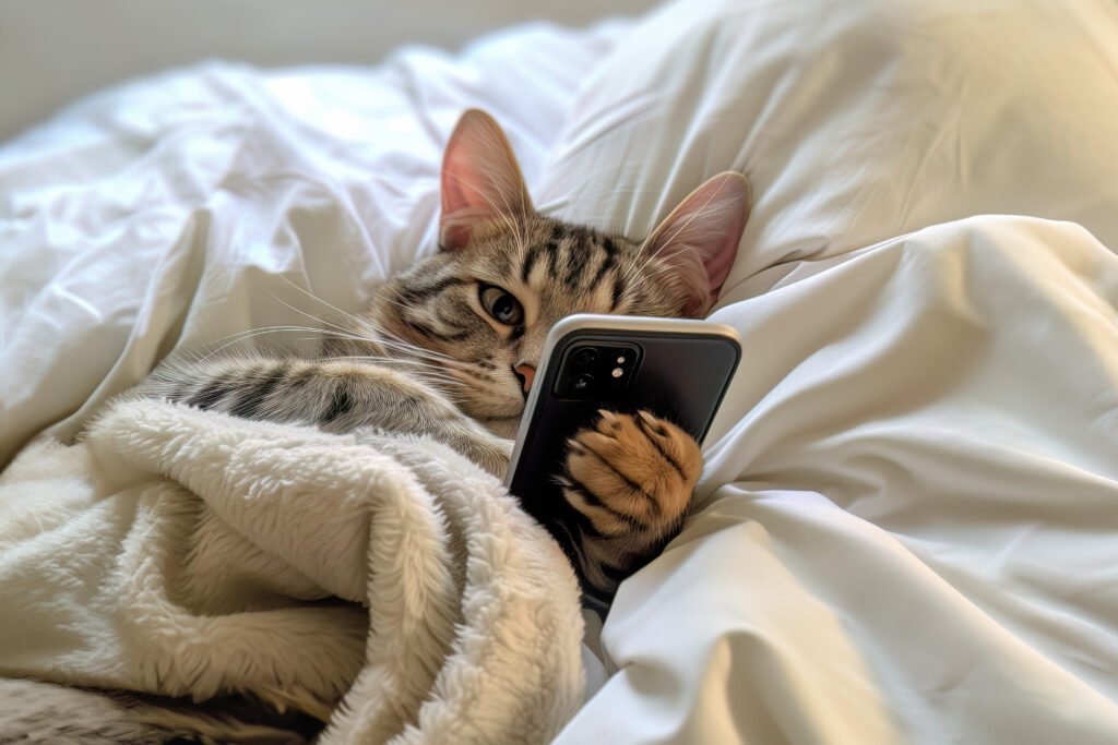 Chat qui regarde son téléphone
